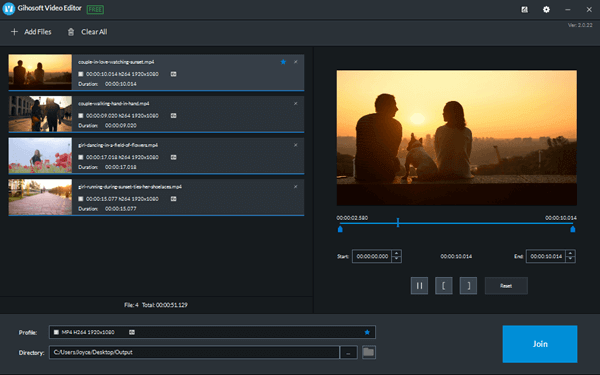Gihosoft Free Video Joiner is a completely free utility to merge videos with transition effects at super-fast speed.