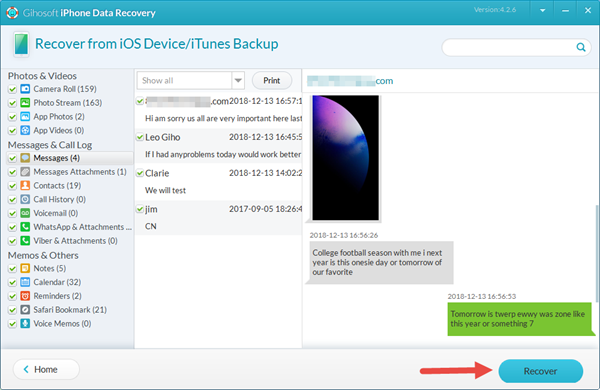 Tansfer/Save Messages from iPhone to PC via Gihosoft iPhone Recovery