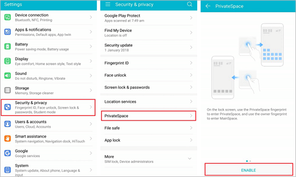 Enable PrivateSpace in Huawei Phones