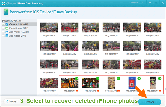 Scan, rreview and recover deleted photos from iPhone to computer.