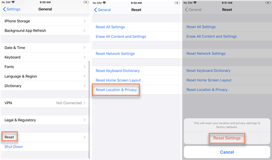 Reset Location & Privacy Settings