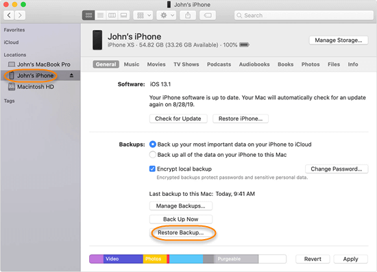 Restore iPhone Backup from Finder