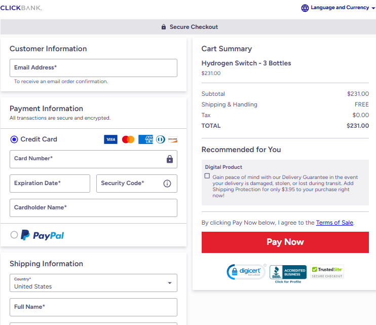 The Hydrogen Switch Order Page